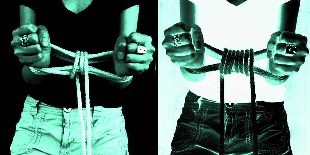 two side by side images of a progression of rope being tied around their wrists. the images are a positive and negative and are in a striking black and mint green contrast