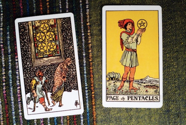 Five and Page of Pentacles from the Rider-Waite-Smith Tarot