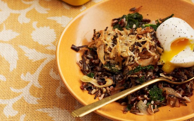 Baked Wild Rice with Kale, Caramelized Onions, and Soft-Cooked Eggs