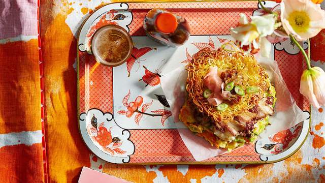 Prawn and Pork Pancake With Caramelized Onions and Crispy Noodles (Okonomiyaki)