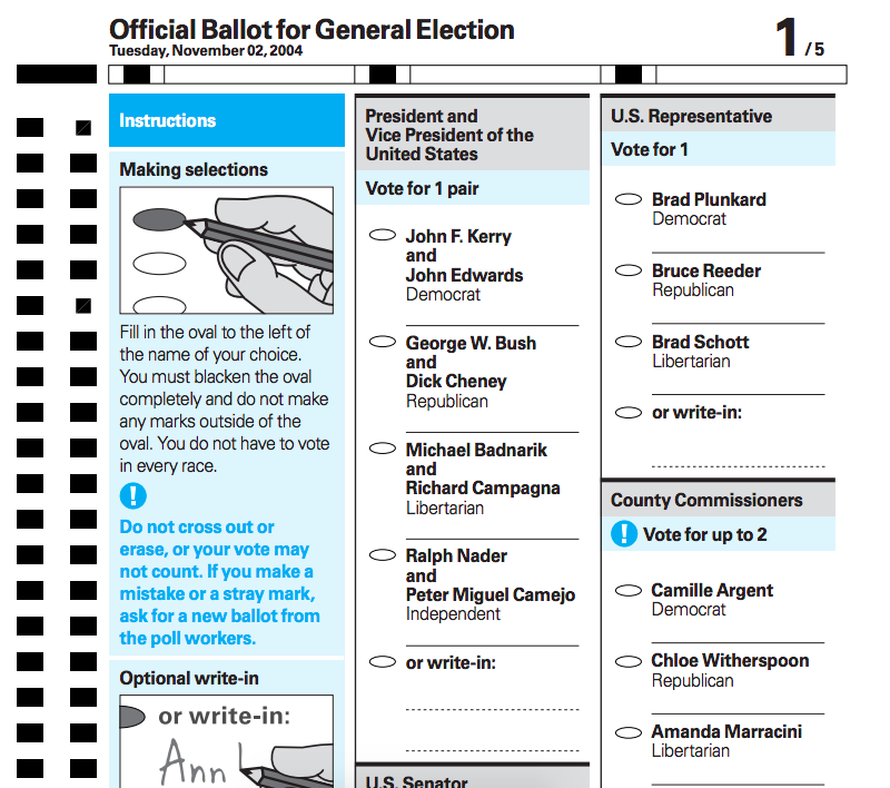 A scantron ballet. Example ballot that uses lowercase letters (which have better readability vs. all capitals), uses sans-serif fonts with clean strokes, support process and navigation, includes accurate instructional illustrations, and employs contrast and color to support meaning. Via AIGA.