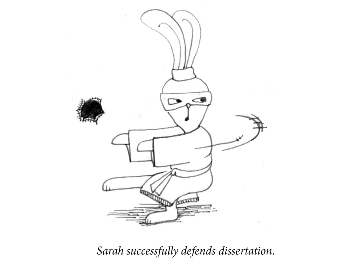 Image description: A rabbit wears a karate gi and eye mask, deftly balancing on one foot while swinging both arms. There is a hole in the wall behind. Caption: “Sarah successfully defends dissertation.