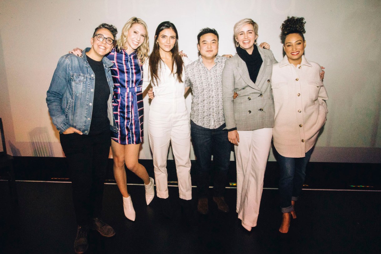 The hosts of "To L and Back" pose with the cast of Generation Q after the live podcast. From left to right: Carly Usdin, Riese Bernard, Arienne Mandi, Leo Sheng, Jacqueline Toboni, Rosanny Zayas
