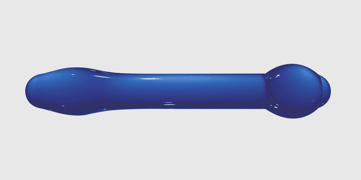 A straight blue glass dildo with a tapered tip on one end and a rounded bulb on the other
