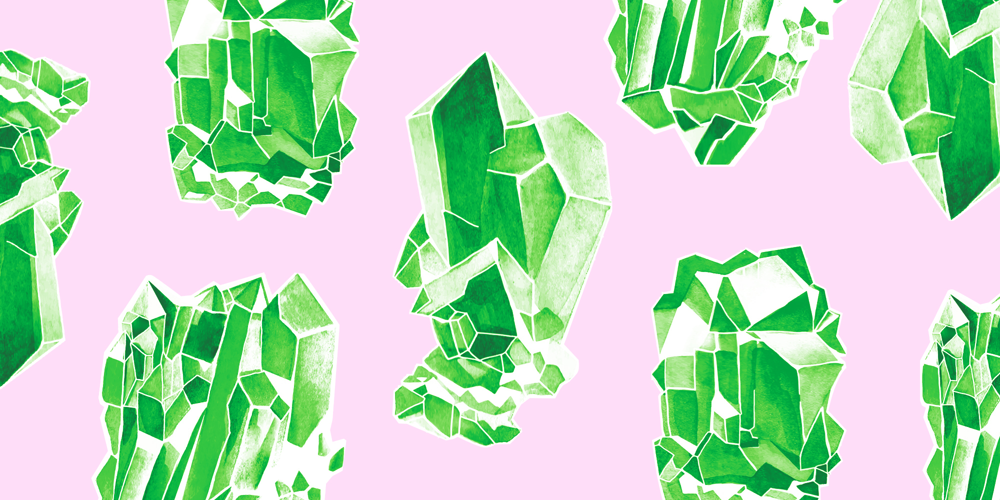 green watercolor crystals on a pink background