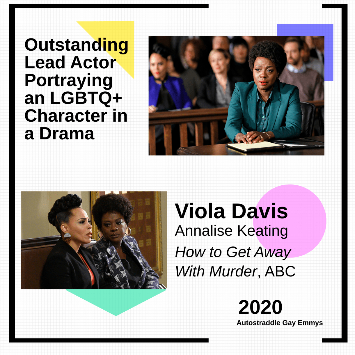 Graphic announcing Outstanding Lead Actor Portraying an LGBTQ+ Character in a Drama winner is Viola Davis as Annalise Keating, How to Get Away With Murder