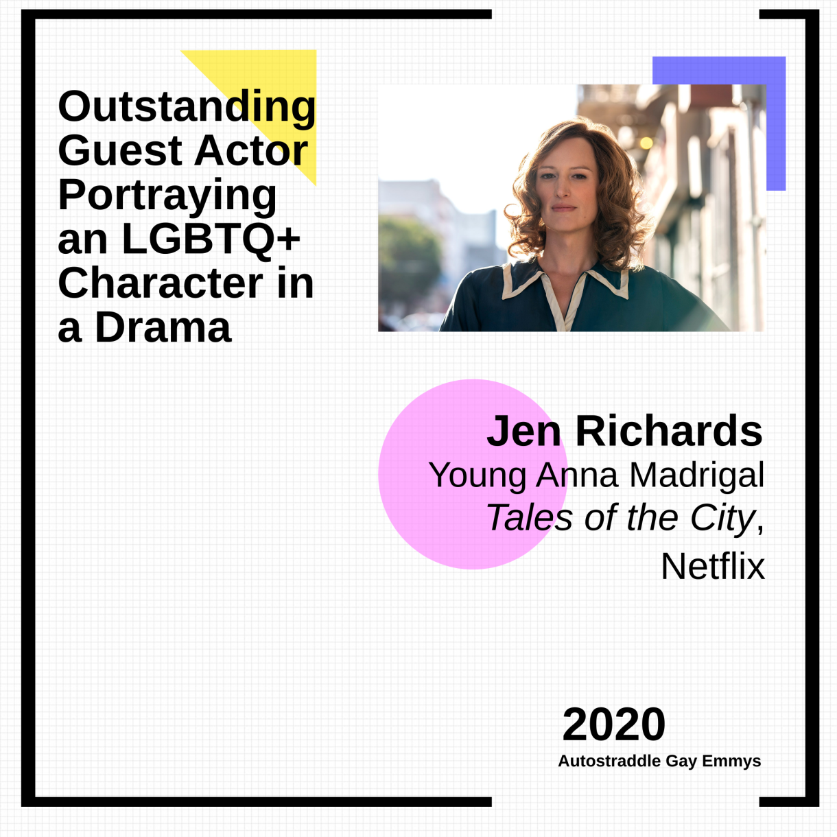 Graphic announcing Outstanding Guest Actor playing an LGBTQ+ Character in a Drama Series: Jen Richards as Young Anna Madrigal, Tales of the City