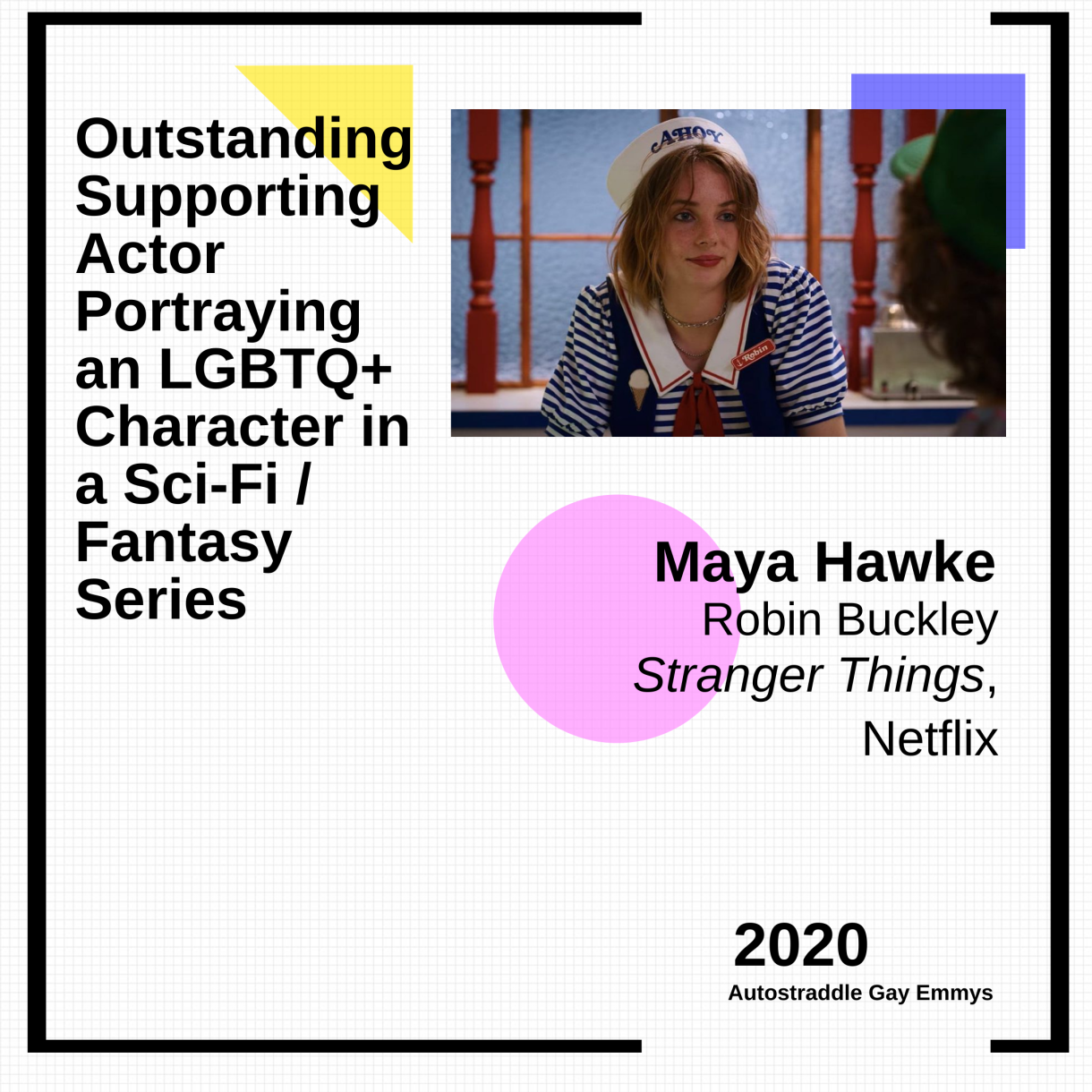 Graphic announcing Outstanding Supporting Actor Playing an LGBTQ+ Character in a Sci-Fi/Fantasy Series: Maya Hawke as Robin Buckley, Stranger Things. Pic of Robin in a striped t-shirt and sailor hat. 