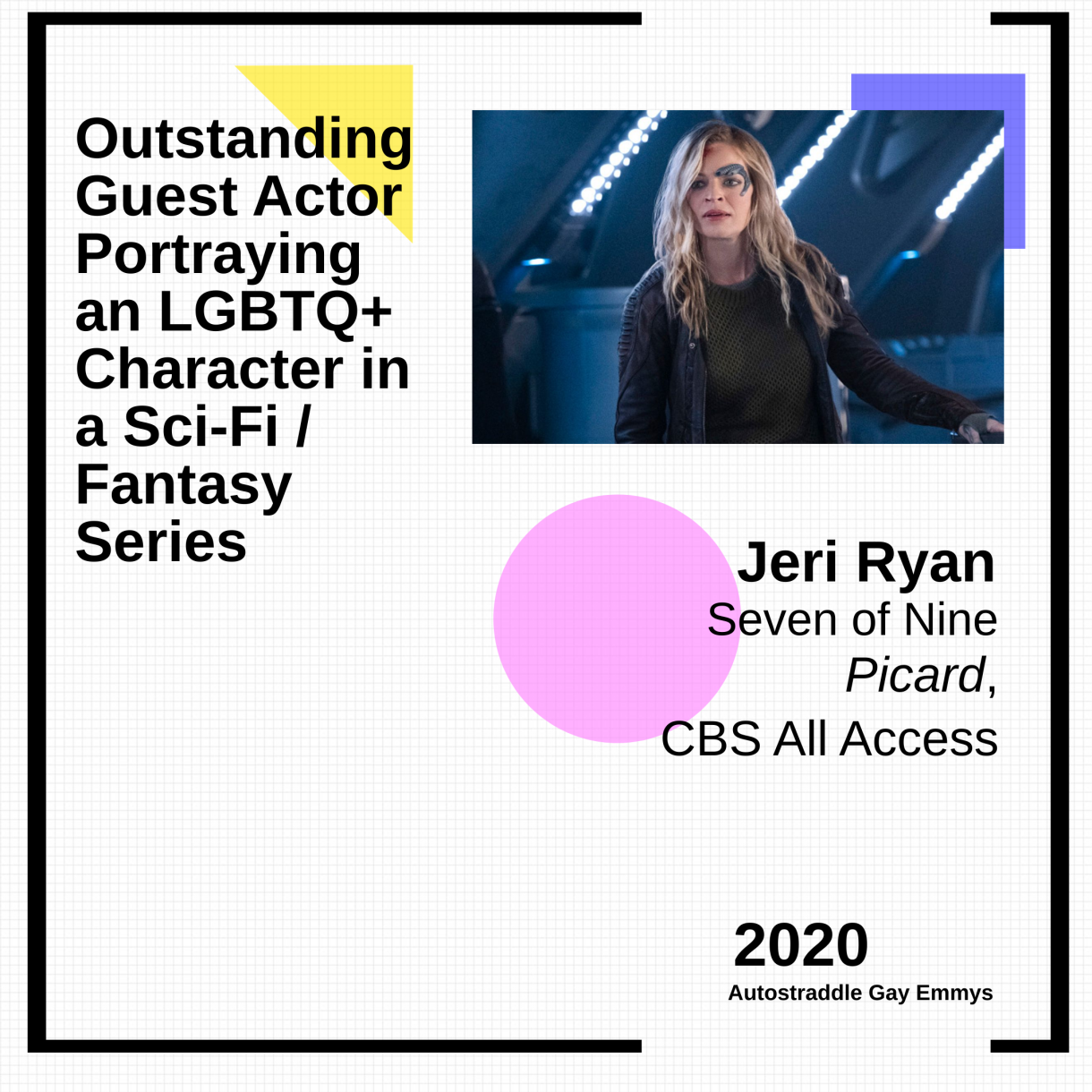 Outstanding Guest Actor Playing an LGBTQ+ Character in a Sci-Fi/Fantasy Series: Jeri Ryan as Seven of Nine, Picard (CBS All Access)