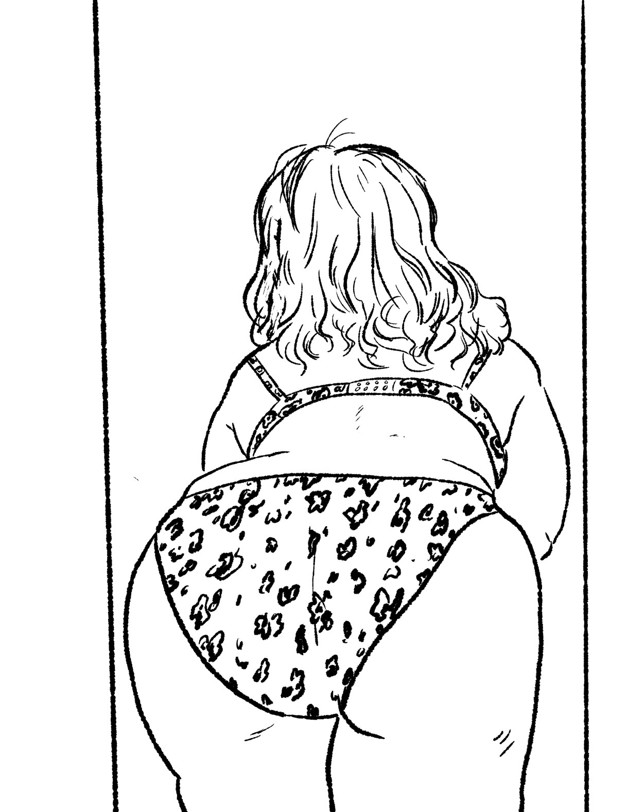 A person with long hair is wearing a leopard print lingerie set and standing with their butt facing you. They're bent over. It's pretty great.