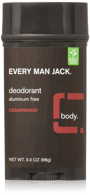 A brown and red deodorant stick reads, "Ever Man Jack: Cedarwood"