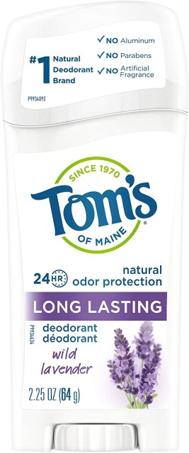 A white and purple deodorant stick reads, "Tom's of Maine: Lavender"