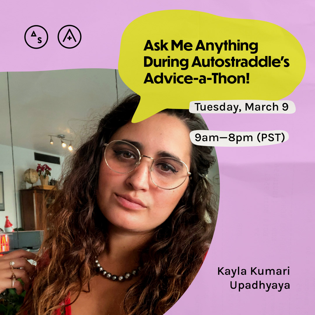 Kayla is wearing round glasses with long curly brown hair, a dark silver necklace and a red shirt, the copy reads: Ask Me Anything During Autostraddle's Advice-a-Thon! Tuesday March 9th, 9am — 8pm PST