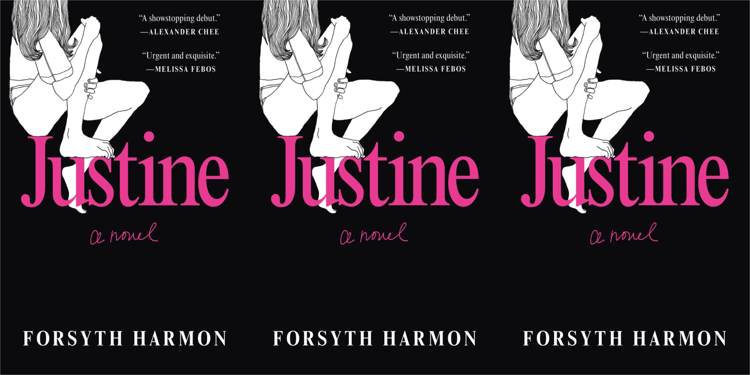 Three repeating images of the cover of Forsythe Harmon's JUSTINE