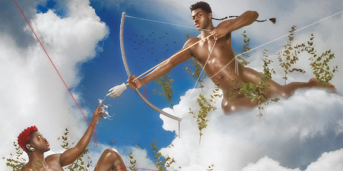 Lil Nas X queer music video promo Image shows two lil nas X's in a reimaging of the "The creation of Adam" by Michelangelo. They are both sitting in the clouds, one reaches out a finger to touch a hand that is on the end of an arrow.