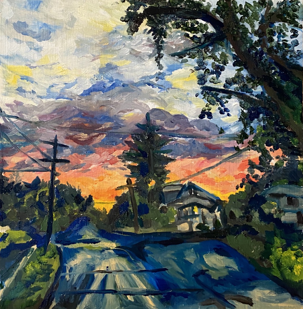 Oil painting of a beautiful landscape with tall trees and an orange sunset