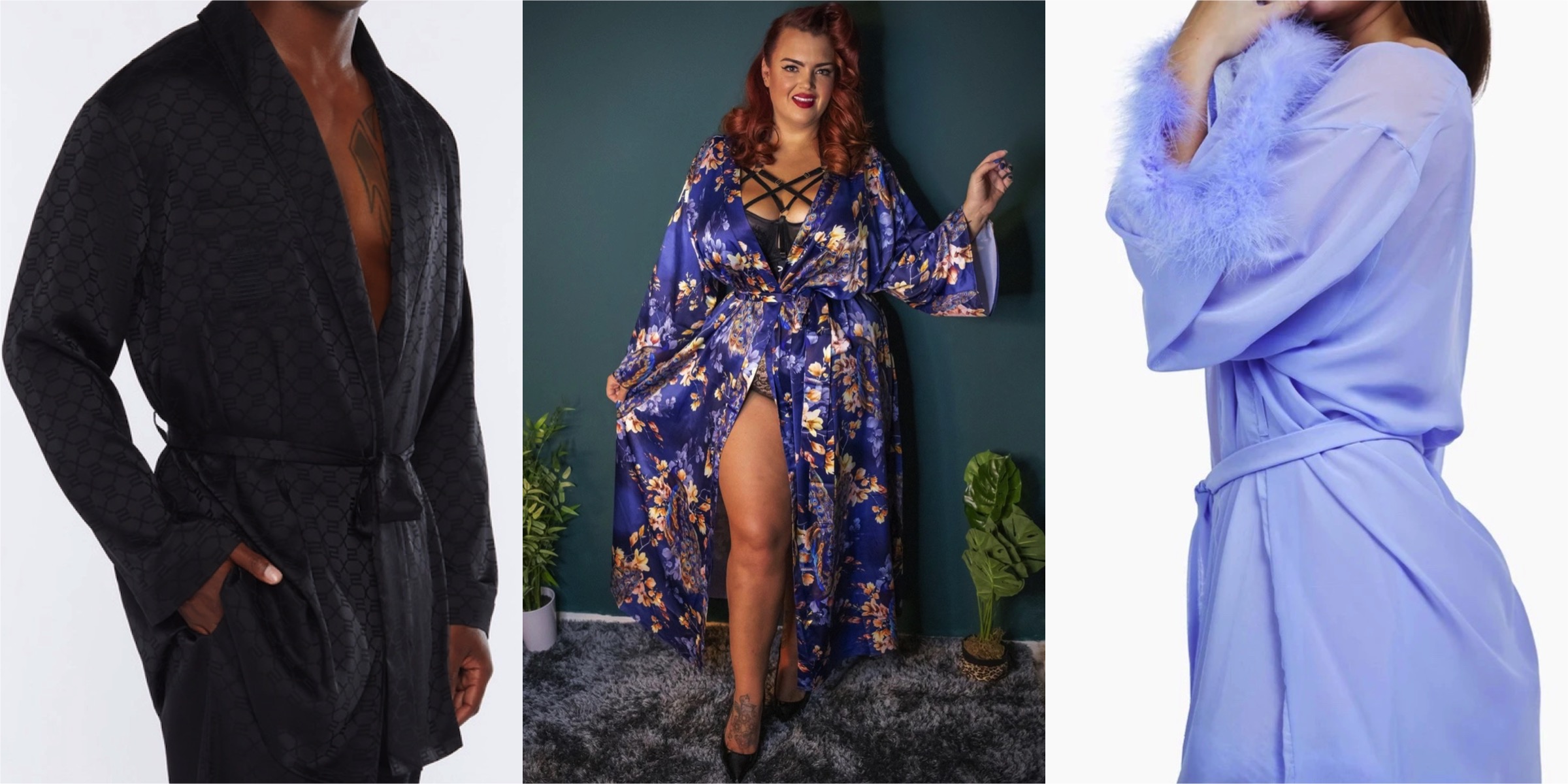 A collage of three models wearing robes, from L to R, a men's smoking jacket, a flowing satin peacock-patterned robe, and a feathered lilac chiffon robe