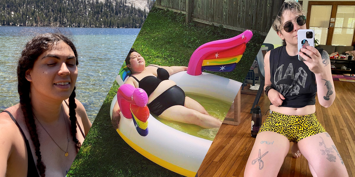 A collage of photos of queer people in swimwear: Abeni, KaeLyn and Archie posing in swimsuits