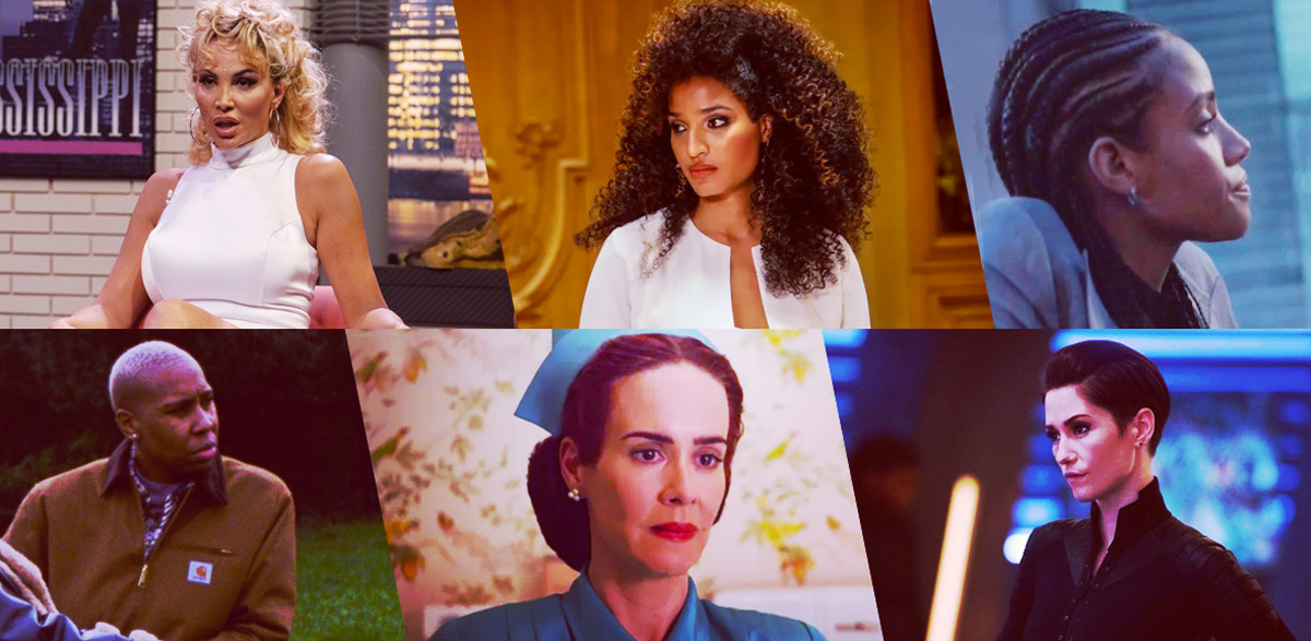 Stills of nominees for Outstanding Hairstyling for an LGBTQ+ Character: Veneno, Veneno; Angel Evangelista, Pose; Sophie Moore, Batwoman; Denise, Master of None Presents: Moments in Love; Sarah Paulson as Nurse Ratched, Ratched; Alex Danvers, Supergirl