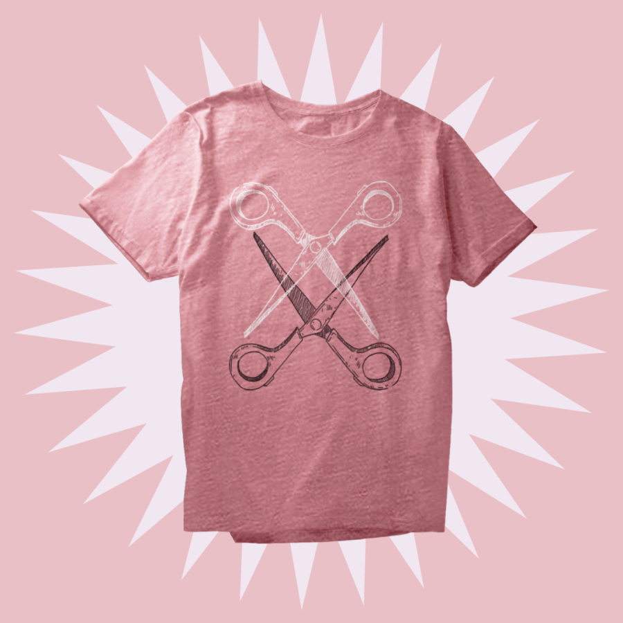 A pink triblend t-shirt printed with two handdrawn pairs of scissors intersecting