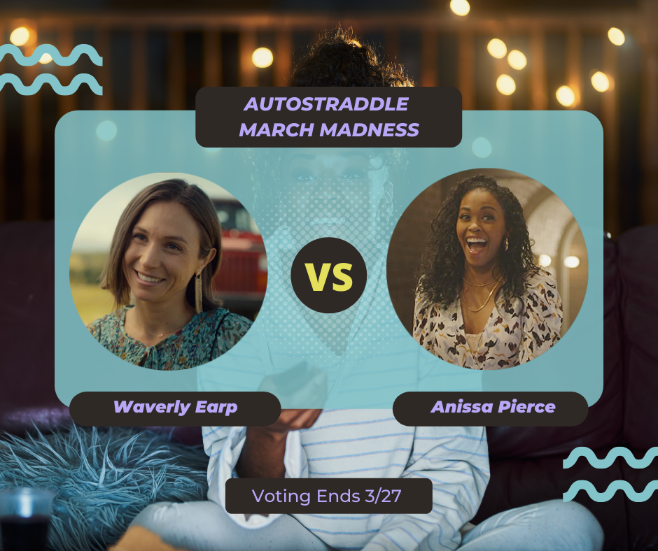 Background: a young Black woman smiling and watching TV with a remote in her hand, teal squiggles are illustrated on the sides of the photo. Foreground text in purple against a dark gray and teal background: Autostraddle March Madness / Waverly Earp vs. Anissa Pierce. Voting ends 3/27.