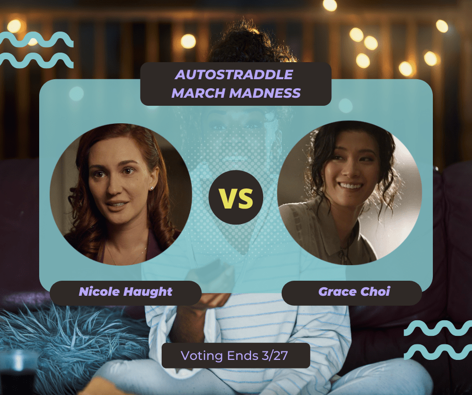 Background: a young Black woman smiling and watching TV with a remote in her hand, teal squiggles are illustrated on the sides of the photo. Foreground text in purple against a dark gray and teal background: Autostraddle March Madness / Nicole Haught vs. Grace Choi. Voting ends 3/27.