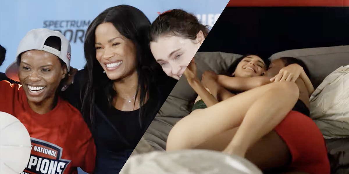 Two photo collage: Rose Rollins and one of the players on her team smiling. And one of the players in bed witha another.