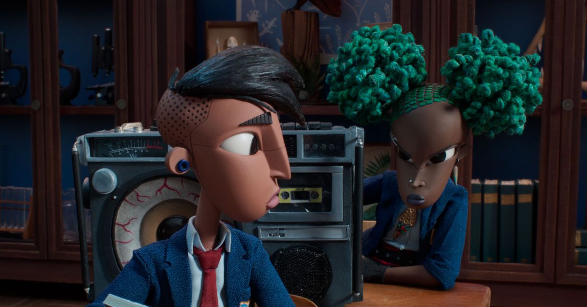 lesbian movies on netflix- Two animated black teenagers in uniforms stare at each other in Wendell & Wild
