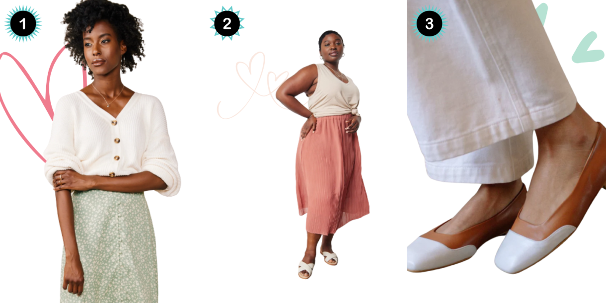 Photo 1: A cream cropped cardigan. Photo 2: A long flowy skirt in coral. Photo 3: Tan and white ballet flats.