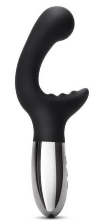 The Le Wand XO is a black, curved, silicone vibrator with a bulbous insertable end and an external stimulation portion with ridges. The handle is silver with buttons down the center.