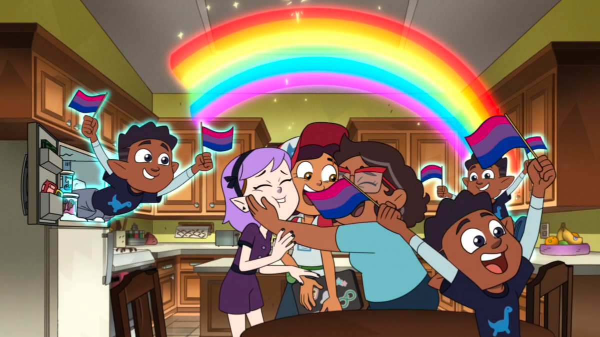 Camila embraces Luz and Amity while Gus whirls around with bisexual flags and a rainbow