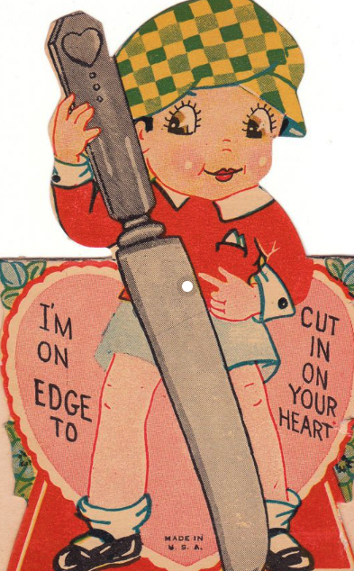a kid in collared shirt and short and plaid hat holds a giant butter knife as tall as they are. text on a heart in the background reads "i'm on edge to cut in on your heart"