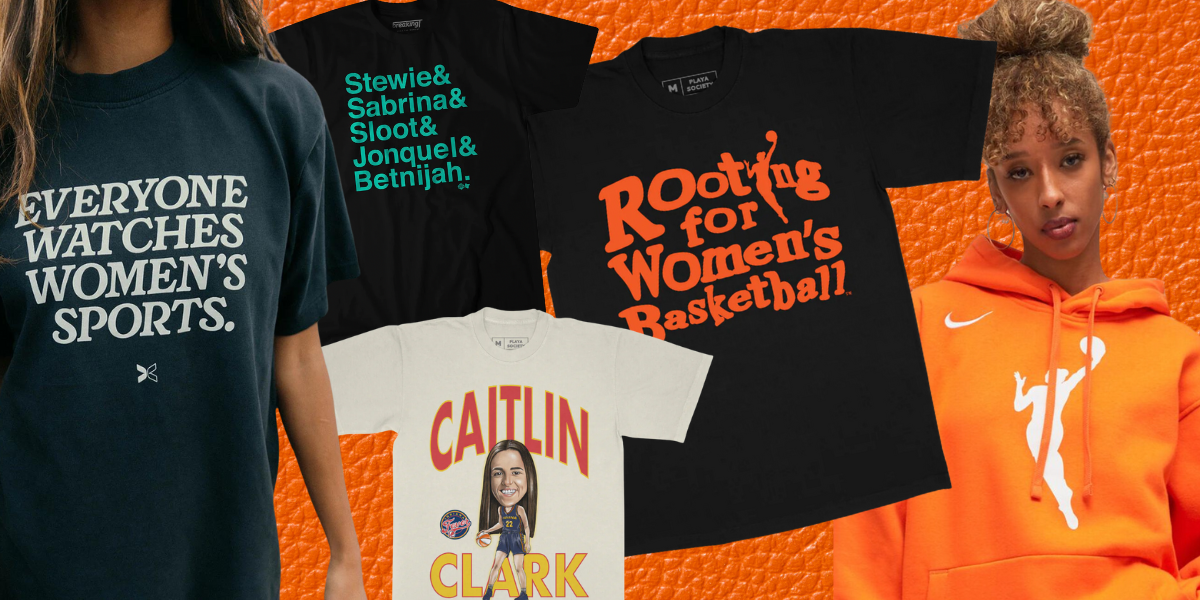 A collage of WNBA merch, including various t-shirts and an orange hoodie sweatshirt