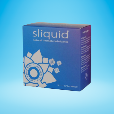 A dark blue box is against a light blue background. The box reads, "sliquid" in white text. There is smaller white text along the side of the box. A white flower is in the front left corner of the box.