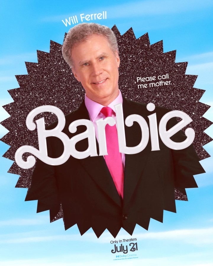 Will Ferrell as the Mattell CEO (he has on a black suit with a pink tie)