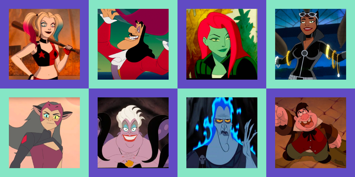 The eight possible results for this villains quiz: Harley Quinn Poison Ivy Catwoman Ursula Hades Captain Hook Lefou Catra