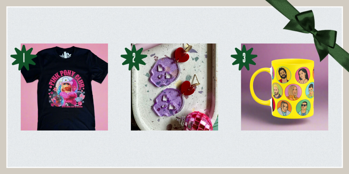 1. Pink Pony Club T-Shirt ($50) // 2. Purple Skull Earrings ($21) // 3. Latine Artists Mug ($20)