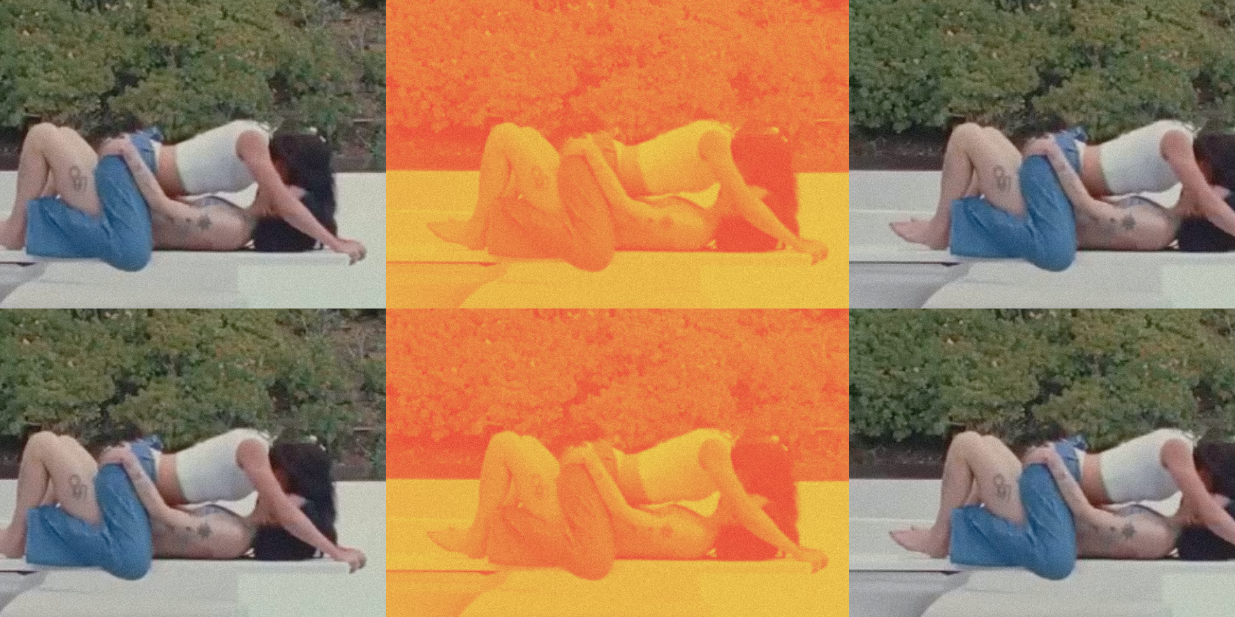 Fletcher Pretending music video: an image of Fletcher kissing a girl lying down on concrete six times with the middle images covered in an orange filter