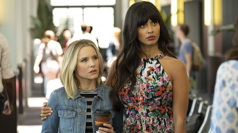 Best Lesbian Sci-Fi TV: Kristen Bell and Jameela Jamil as Eleanor Shellstrop and Tahani Al-Jamil