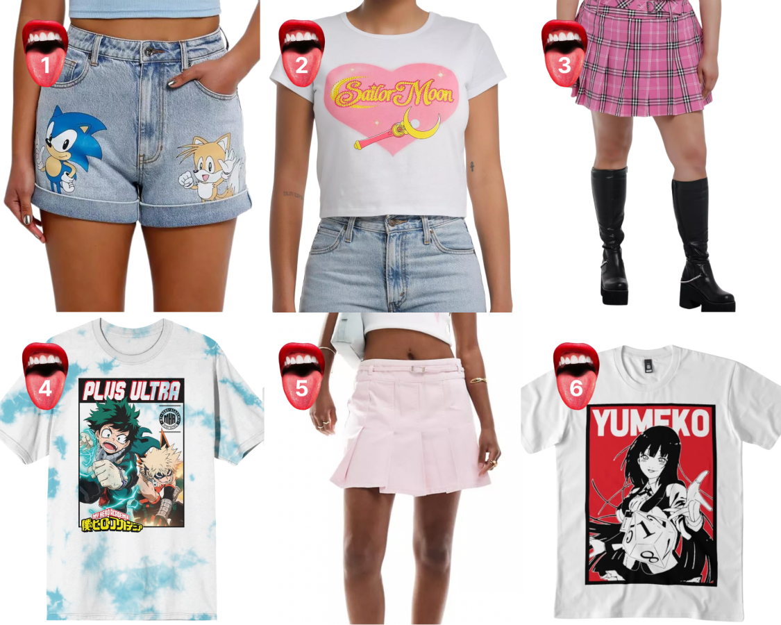 1. a pair of denim shorts with sonic the hedgehog characters on it, 3. A tie dye t-shirt with My Hero Academia, 3. A crop top that says Sailor Moon, 4. A pink pleated skirt, 5. A plaid pink pleated skirt, 4. A white t-shirt with Yumeko on it
