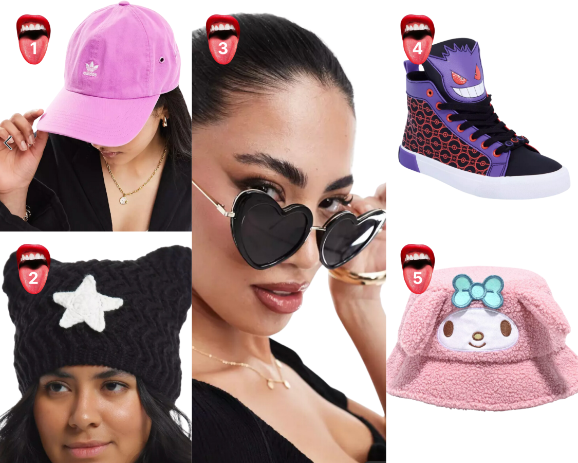 1. A hot pink Adiddas baseball cap, 2. A fuzzy black beanie with a white star and ears, 3. Heart shaped glasses, 4. A pair of high top sneakers that look like a purple Pokemon character, 4. A furry pink hat with Hello Kitty on it
