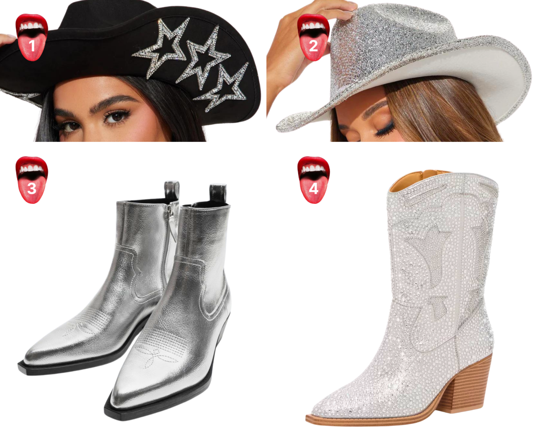 1. A black cowboy hat with sparkle star embellishments, 2. A silver baseball hat, 3. Silver cowboy boots, 4. Sparkle cowboy boots