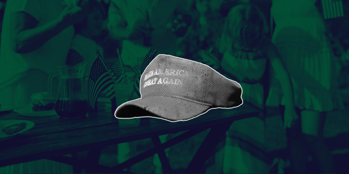 A faded MAGA hat is in the middle of a collage with a green background depicting a family vacation