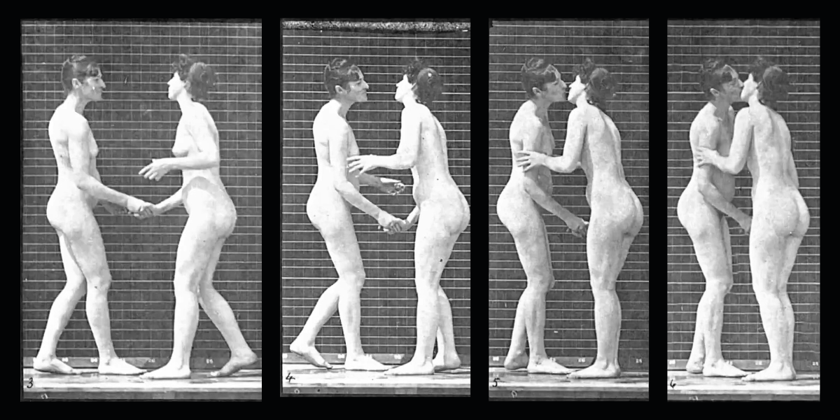 First lesbian kisses in movies: four stills from Muybridge's The Kiss