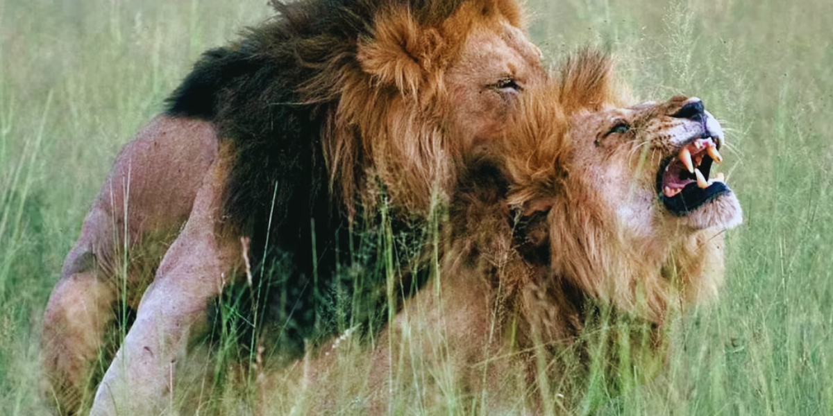 Queer Planet documentary: a male lion humps another male lion in tall green grass.
