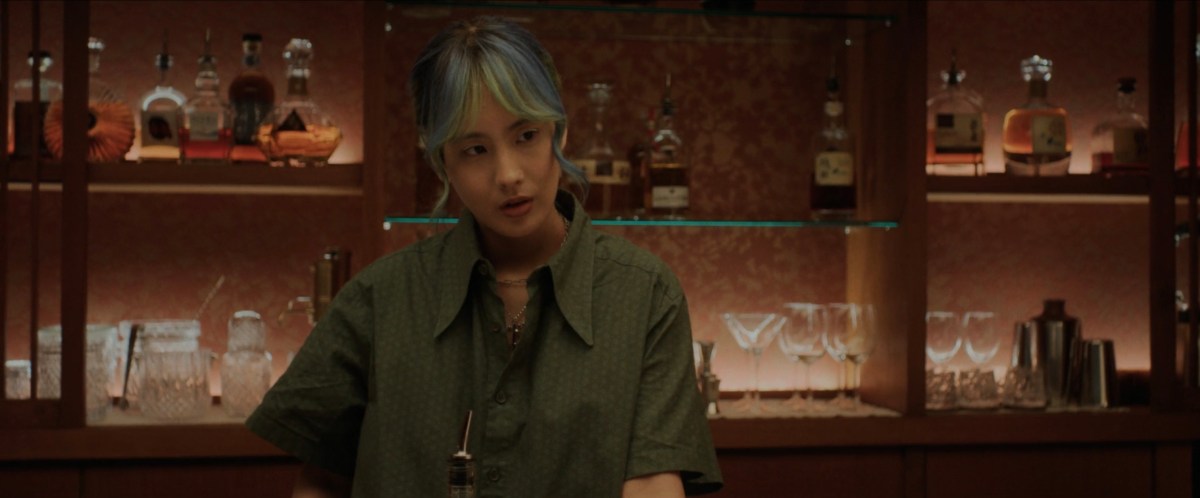 cute bartender with blue hair