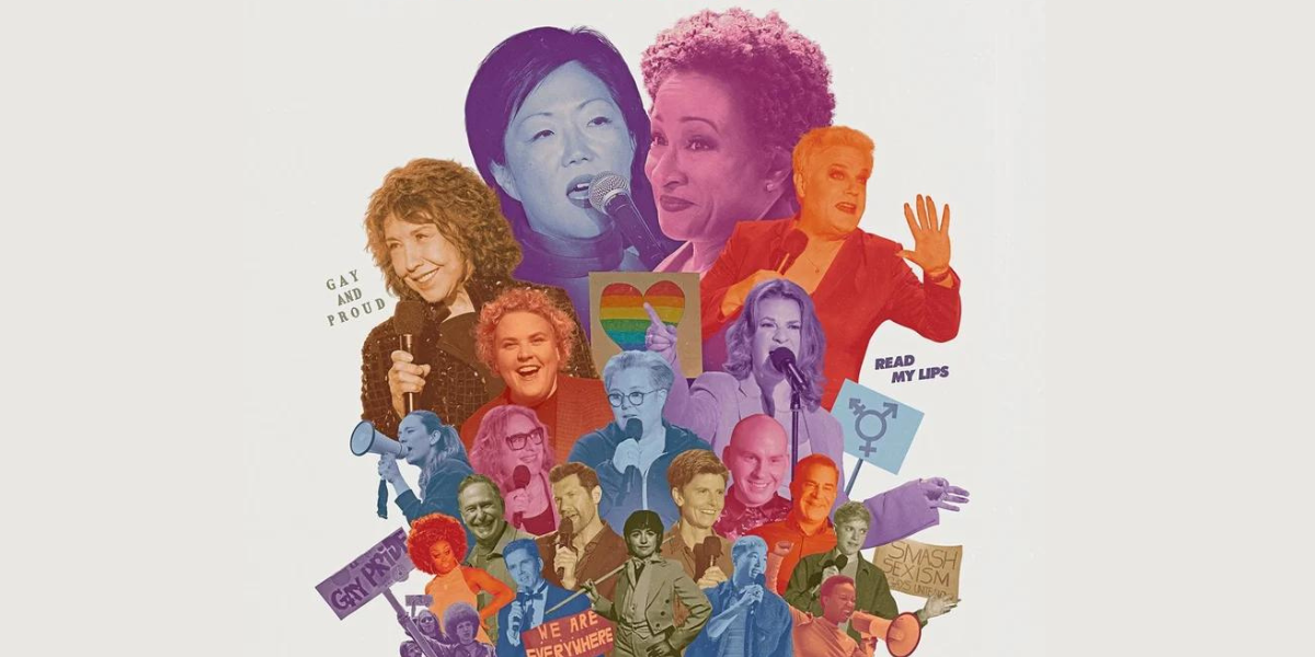 Outstanding: A Comedy Revolution - a collage of queer comics including Lily Tomlin, Wanda Sykes, and Margaret Cho
