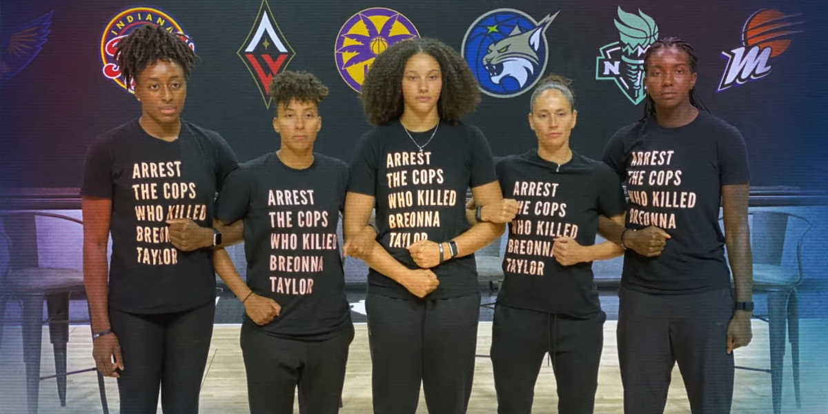 Power of the Dream documentary: five WNBA players link arms wearing shirts that say ARREST THE COPS WHO KILLED BREONNA TAYLOR