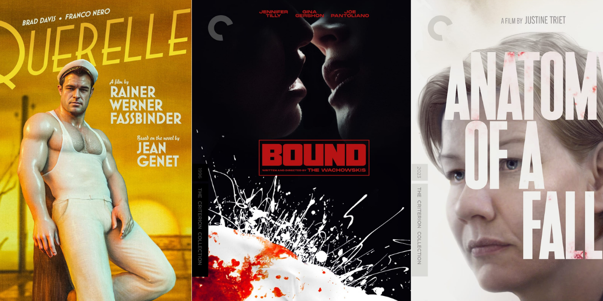 The Criterion covers of Querelle, Bound, and Anatomy of a Fall.