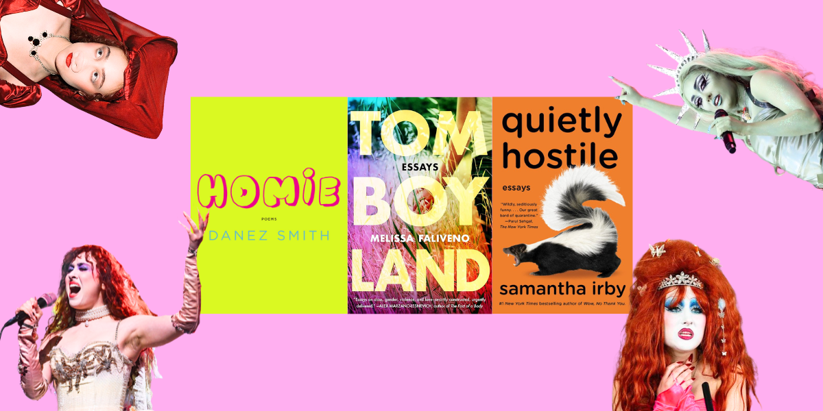 Chappell Roan with the books Homie by Danez Smith, Tomboyland by Melissa Faliveno, and Quietly Hostile by Samantha Irby